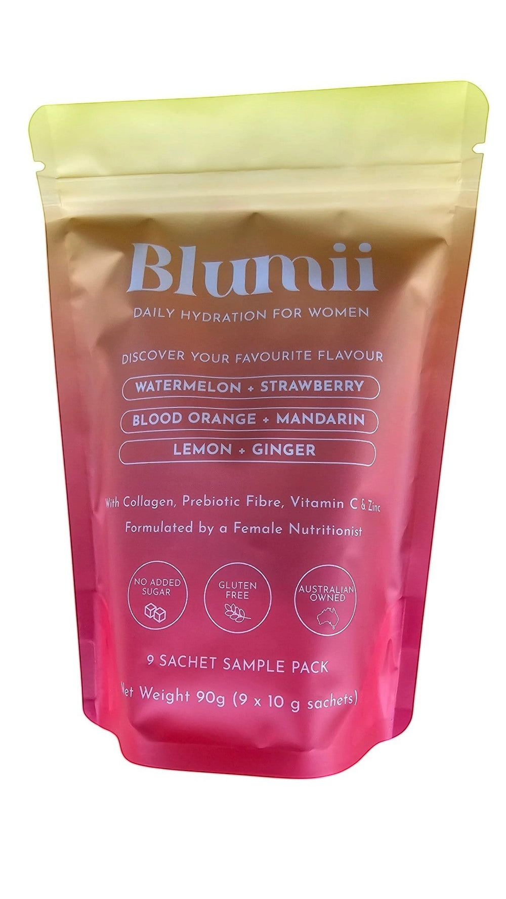 Blumii hydration sample pack featuring 9 sachets in three fruit flavours with collagen, electrolytes, and vitamins.